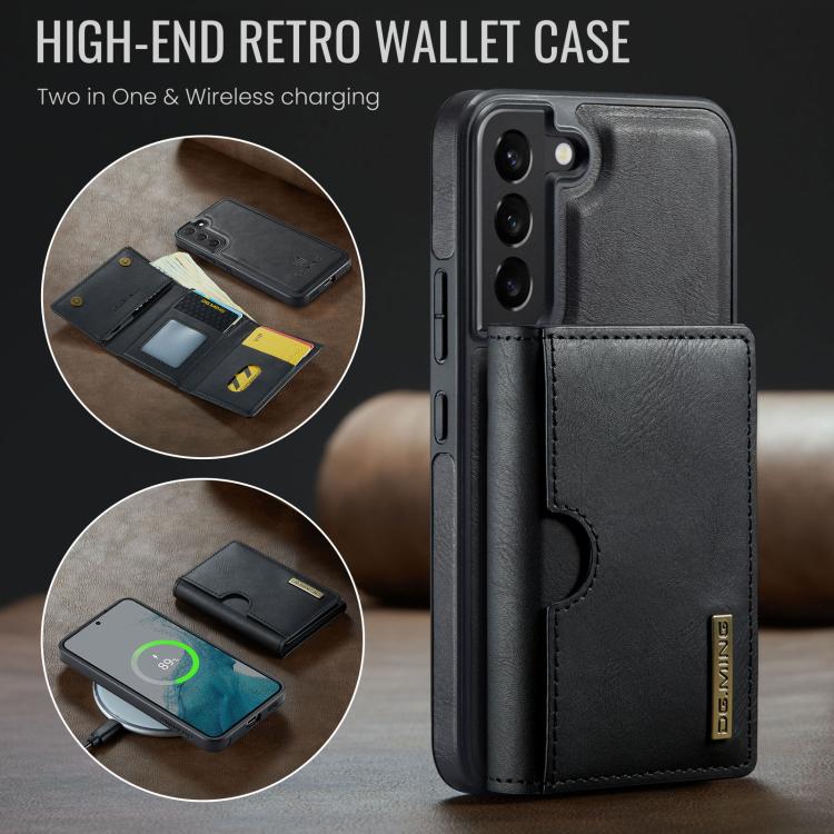 For Samsung Galaxy S22 5G DG.MING M6 Series RFID Tri-fold Card Bag Removable Leather Phone Case