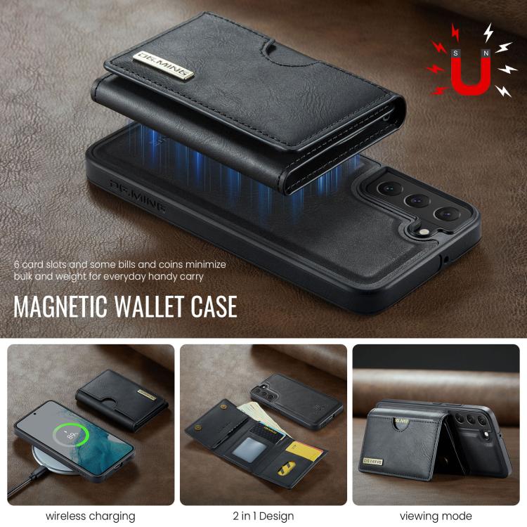 For Samsung Galaxy S22 5G DG.MING M6 Series RFID Tri-fold Card Bag Removable Leather Phone Case