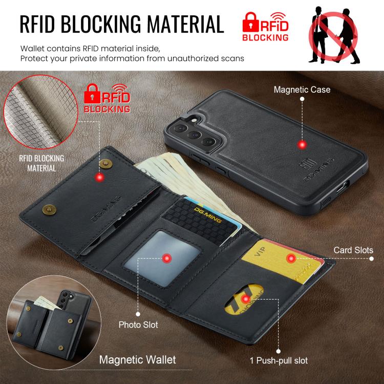 For Samsung Galaxy S22 5G DG.MING M6 Series RFID Tri-fold Card Bag Removable Leather Phone Case