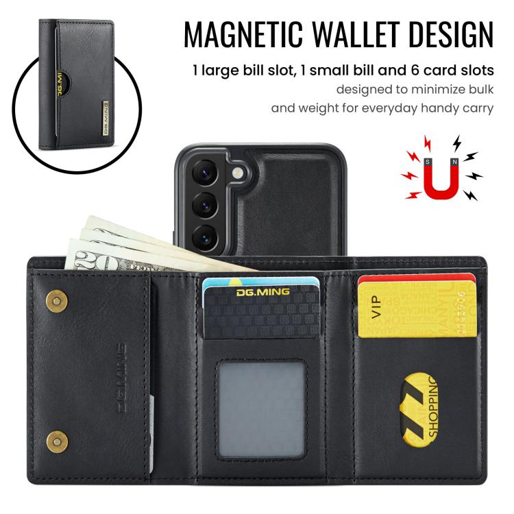 For Samsung Galaxy S22 5G DG.MING M6 Series RFID Tri-fold Card Bag Removable Leather Phone Case