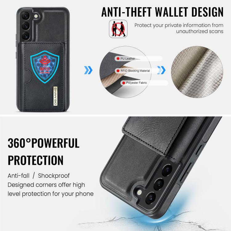 For Samsung Galaxy S22 5G DG.MING M6 Series RFID Tri-fold Card Bag Removable Leather Phone Case