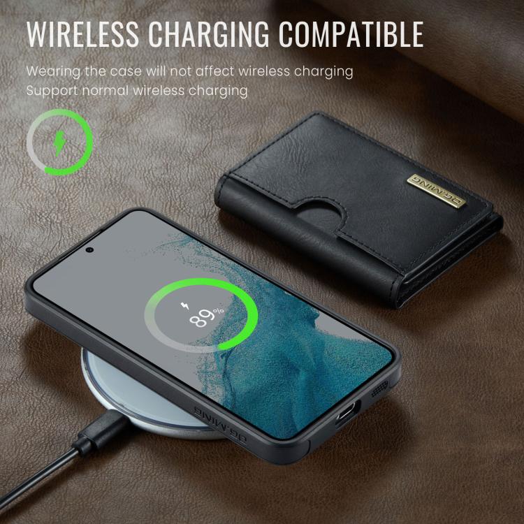 For Samsung Galaxy S22 5G DG.MING M6 Series RFID Tri-fold Card Bag Removable Leather Phone Case