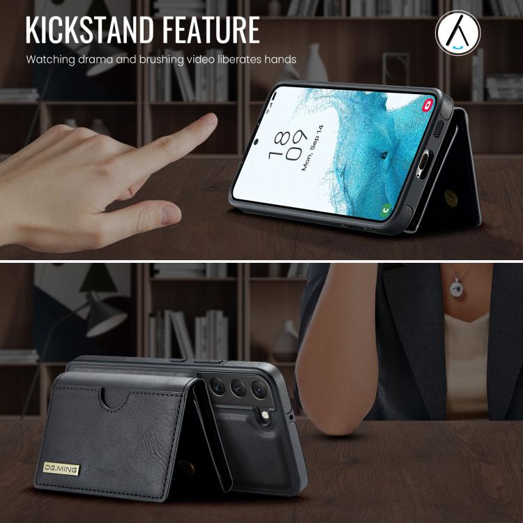 For Samsung Galaxy S22 5G DG.MING M6 Series RFID Tri-fold Card Bag Removable Leather Phone Case