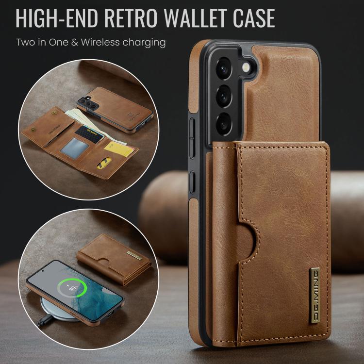 For Samsung Galaxy S22 5G DG.MING M6 Series RFID Tri-fold Card Bag Removable Leather Phone Case