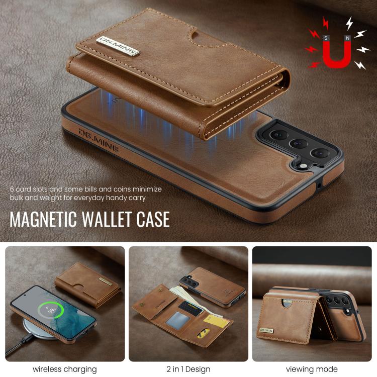 For Samsung Galaxy S22 5G DG.MING M6 Series RFID Tri-fold Card Bag Removable Leather Phone Case