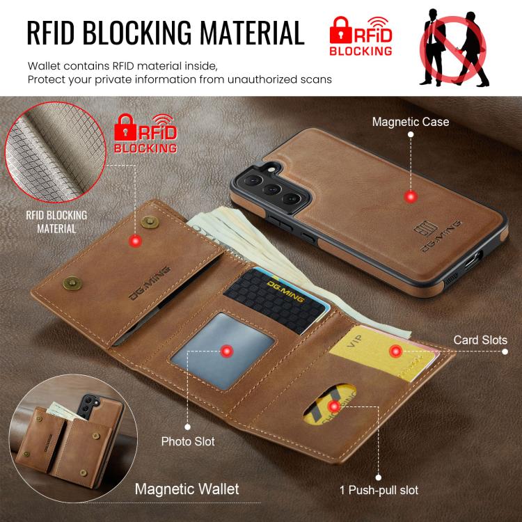 For Samsung Galaxy S22 5G DG.MING M6 Series RFID Tri-fold Card Bag Removable Leather Phone Case