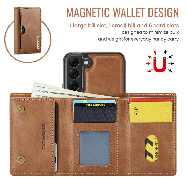 For Samsung Galaxy S22 5G DG.MING M6 Series RFID Tri-fold Card Bag Removable Leather Phone Case