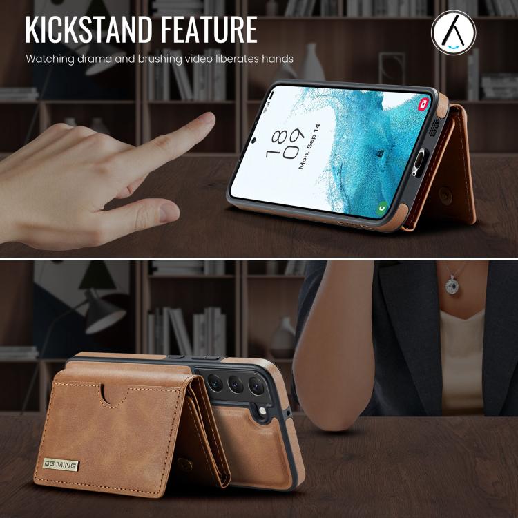 For Samsung Galaxy S22 5G DG.MING M6 Series RFID Tri-fold Card Bag Removable Leather Phone Case
