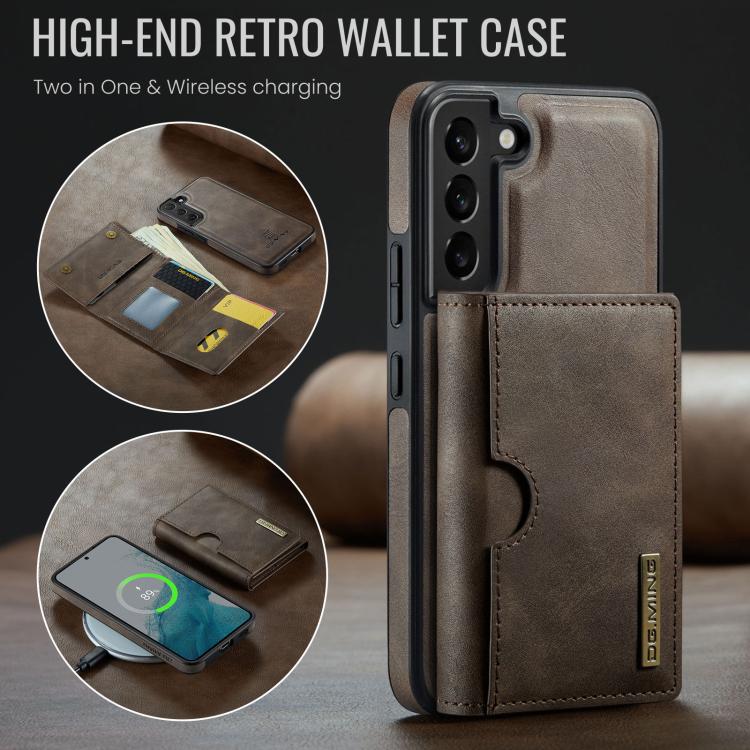 For Samsung Galaxy S22 5G DG.MING M6 Series RFID Tri-fold Card Bag Removable Leather Phone Case