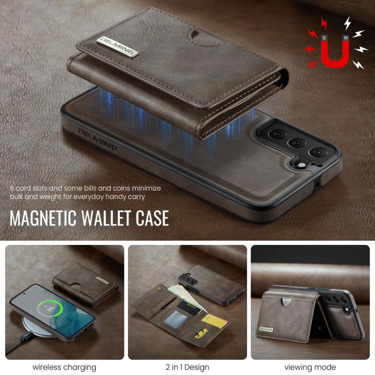For Samsung Galaxy S22 5G DG.MING M6 Series RFID Tri-fold Card Bag Removable Leather Phone Case
