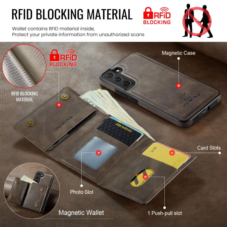 For Samsung Galaxy S22 5G DG.MING M6 Series RFID Tri-fold Card Bag Removable Leather Phone Case