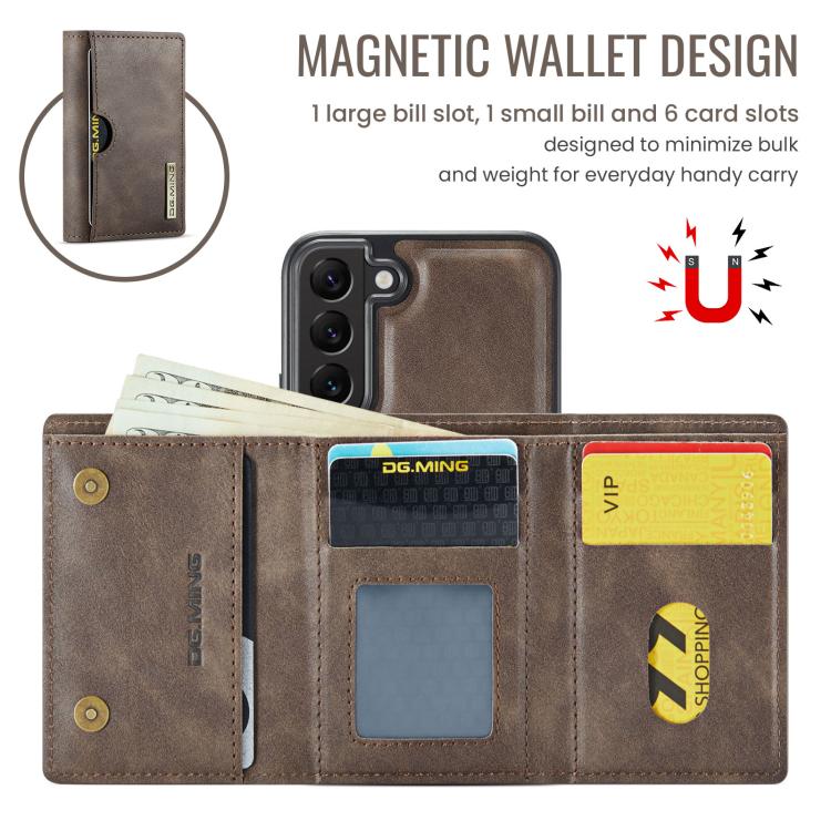 For Samsung Galaxy S22 5G DG.MING M6 Series RFID Tri-fold Card Bag Removable Leather Phone Case