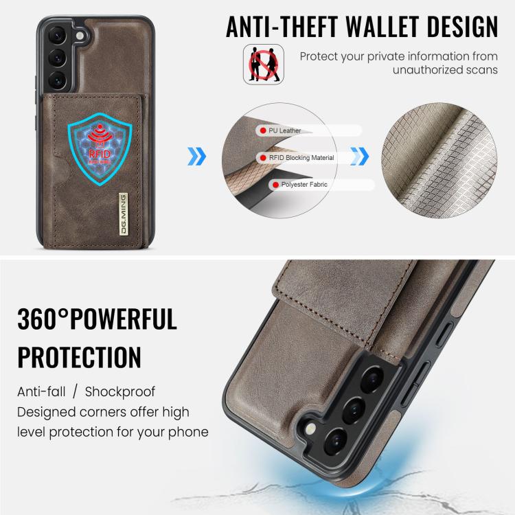 For Samsung Galaxy S22 5G DG.MING M6 Series RFID Tri-fold Card Bag Removable Leather Phone Case