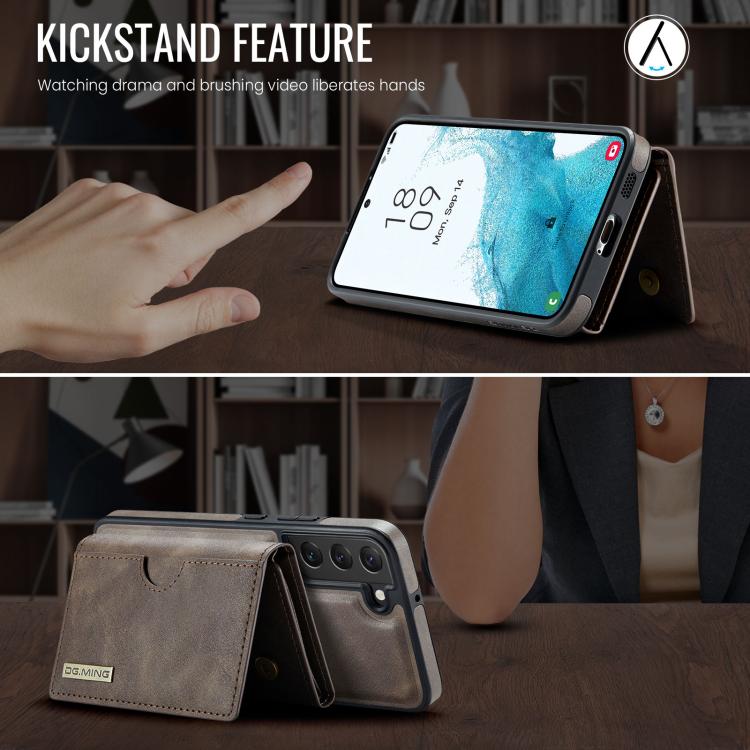 For Samsung Galaxy S22 5G DG.MING M6 Series RFID Tri-fold Card Bag Removable Leather Phone Case