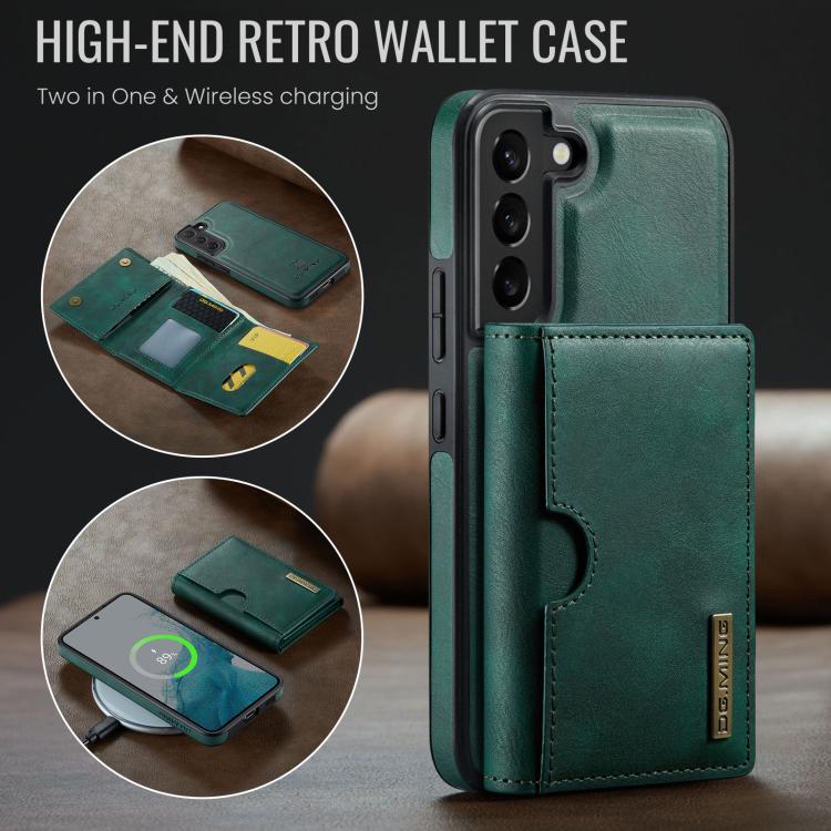 For Samsung Galaxy S22 5G DG.MING M6 Series RFID Tri-fold Card Bag Removable Leather Phone Case