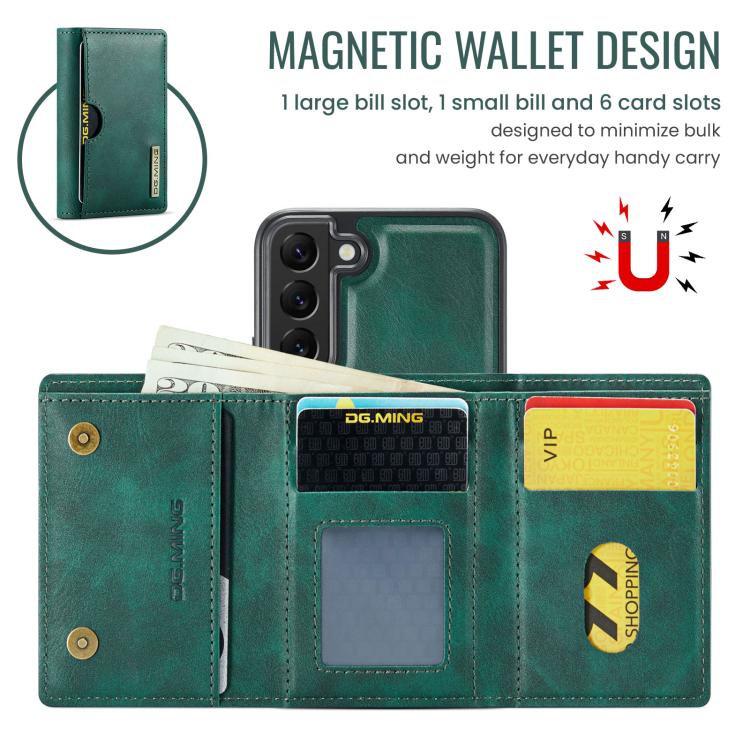 For Samsung Galaxy S22 5G DG.MING M6 Series RFID Tri-fold Card Bag Removable Leather Phone Case