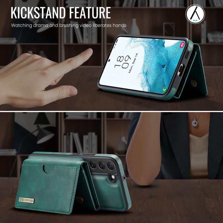 For Samsung Galaxy S22 5G DG.MING M6 Series RFID Tri-fold Card Bag Removable Leather Phone Case