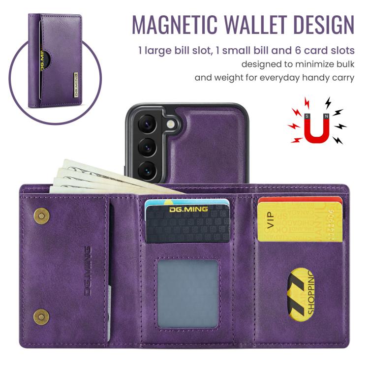 For Samsung Galaxy S22 5G DG.MING M6 Series RFID Tri-fold Card Bag Removable Leather Phone Case