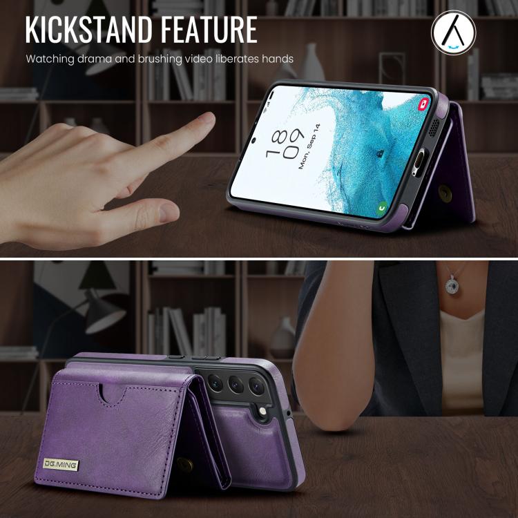 For Samsung Galaxy S22 5G DG.MING M6 Series RFID Tri-fold Card Bag Removable Leather Phone Case