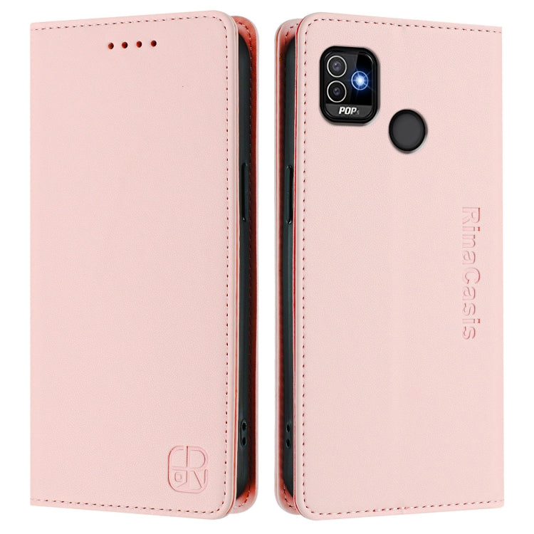 For Tecno Pop 5 RC01 Dual-Folded Magnetic Suction RFID Leather Phone Case