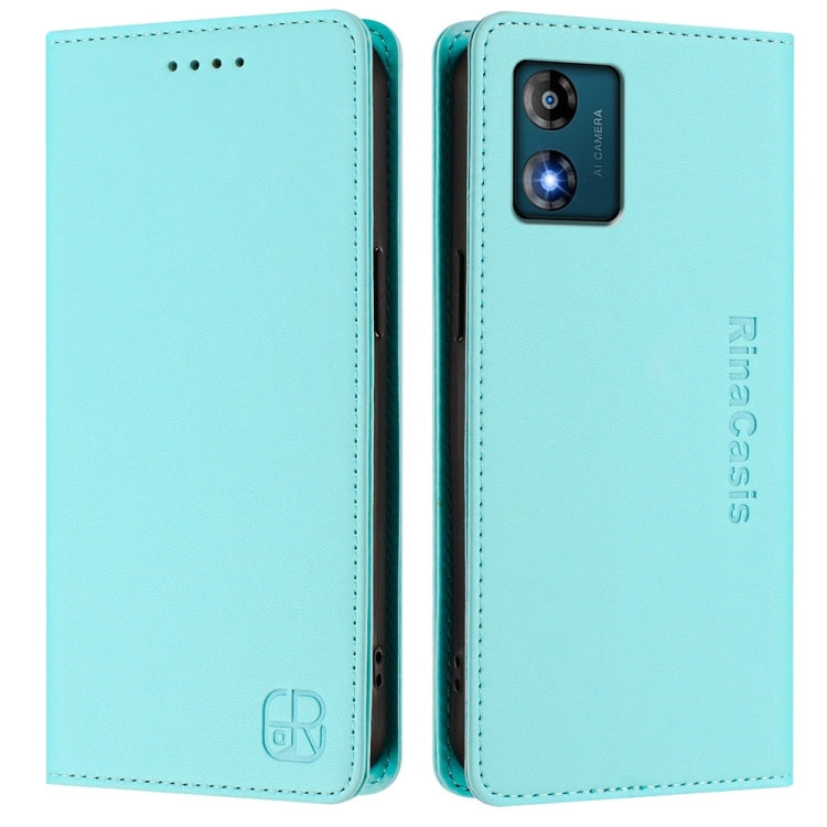 For Motorola Moto E13 RC01 Dual-Folded Magnetic Suction RFID Leather Phone Case