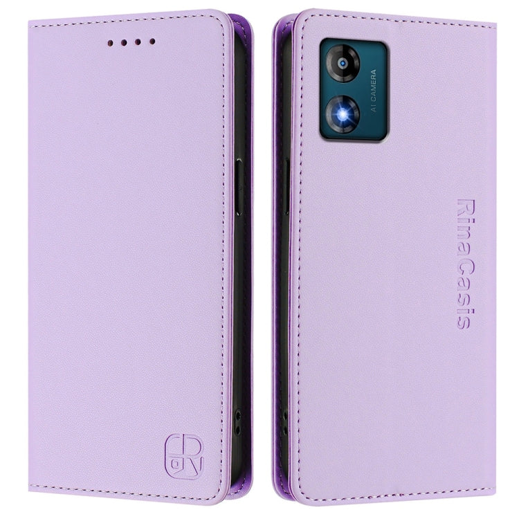 For Motorola Moto E13 RC01 Dual-Folded Magnetic Suction RFID Leather Phone Case