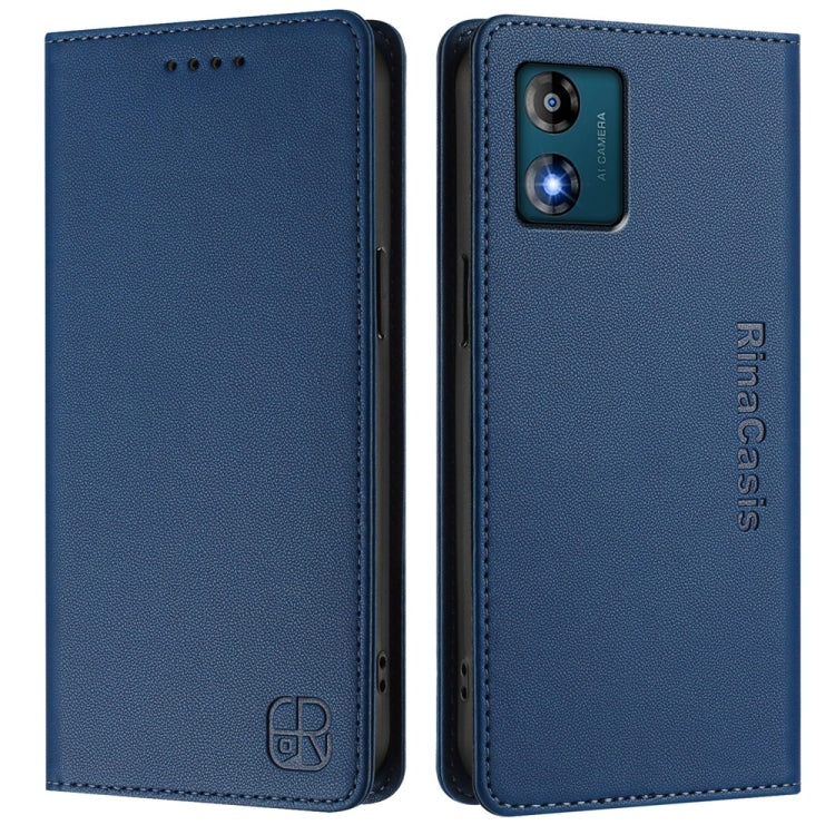 For Motorola Moto E13 RC01 Dual-Folded Magnetic Suction RFID Leather Phone Case