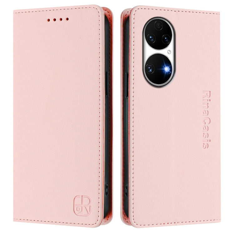 For Huawei P50 RC01 Dual-Folded Magnetic Suction RFID Leather Phone Case