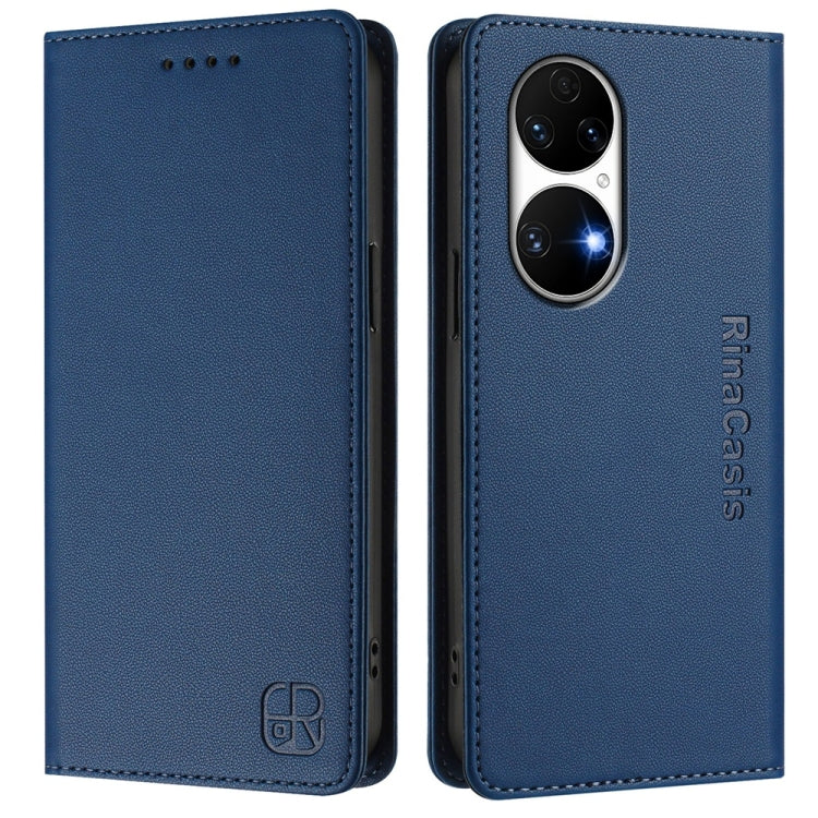 For Huawei P50 RC01 Dual-Folded Magnetic Suction RFID Leather Phone Case