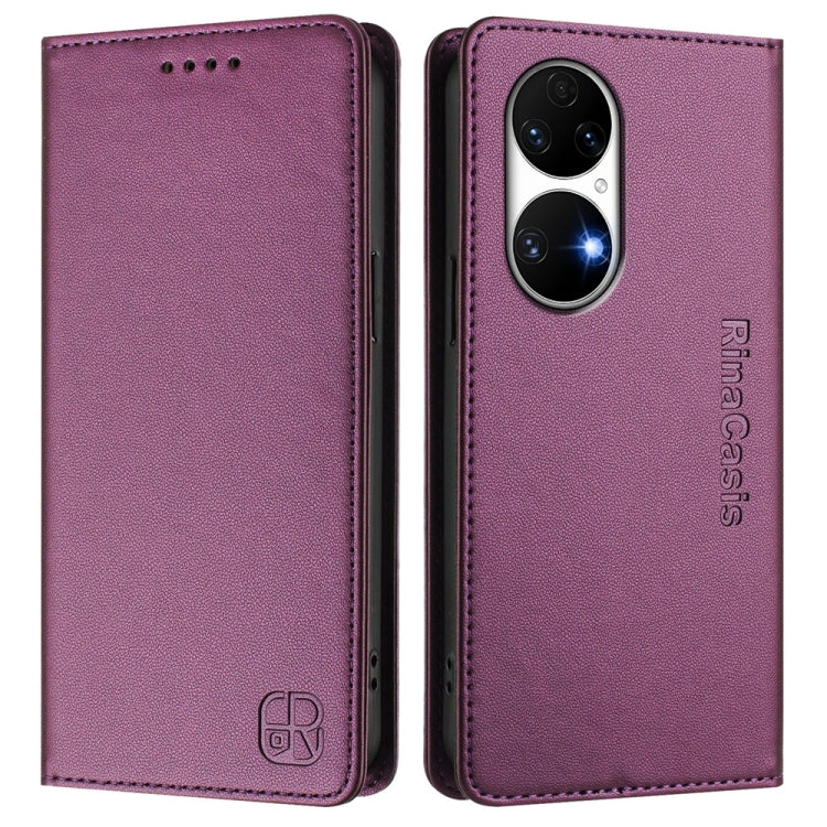 For Huawei P50 RC01 Dual-Folded Magnetic Suction RFID Leather Phone Case