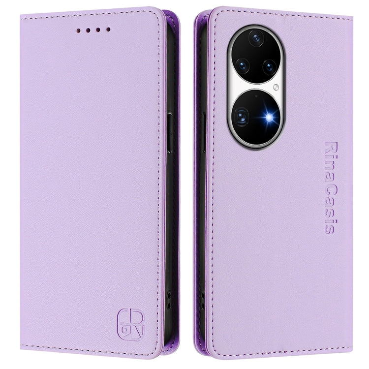 For Huawei P50 Pro RC01 Dual-Folded Magnetic Suction RFID Leather Phone Case