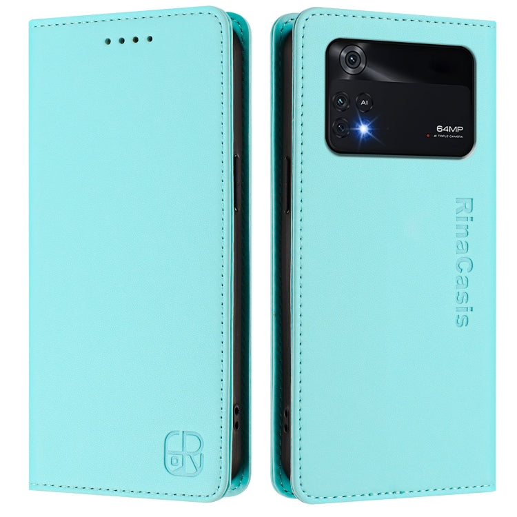 For Xiaomi Poco M4 Pro 4G RC01 Dual-Folded Magnetic Suction RFID Leather Phone Case