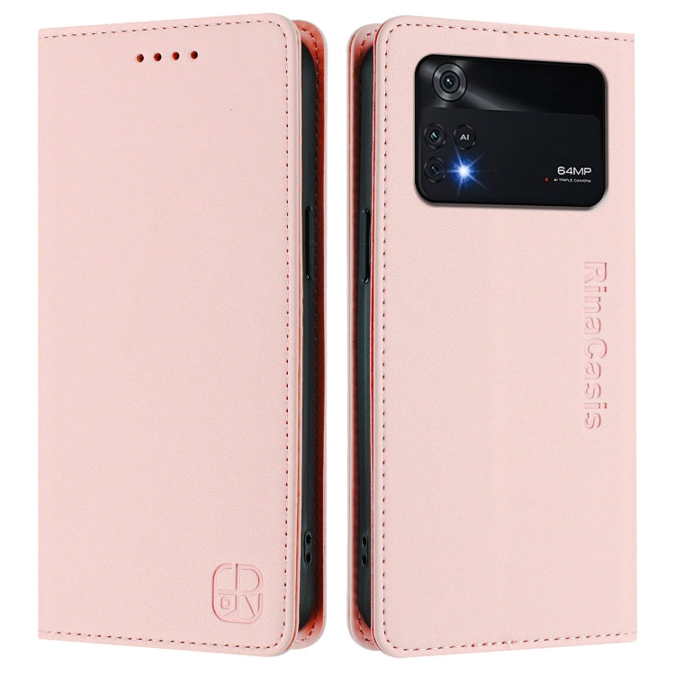 For Xiaomi Poco M4 Pro 4G RC01 Dual-Folded Magnetic Suction RFID Leather Phone Case