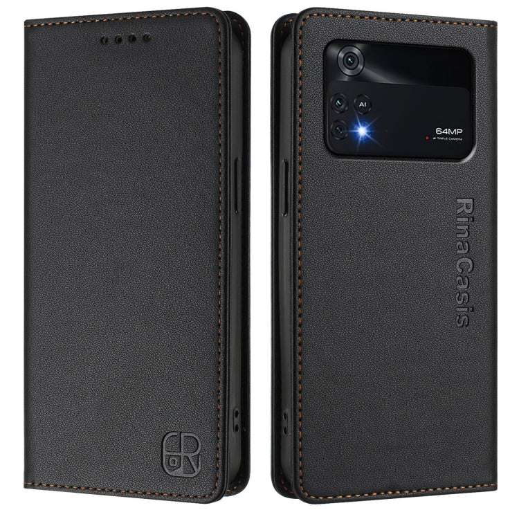 For Xiaomi Poco M4 Pro 4G RC01 Dual-Folded Magnetic Suction RFID Leather Phone Case
