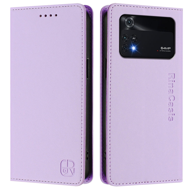 For Xiaomi Poco M4 Pro 4G RC01 Dual-Folded Magnetic Suction RFID Leather Phone Case