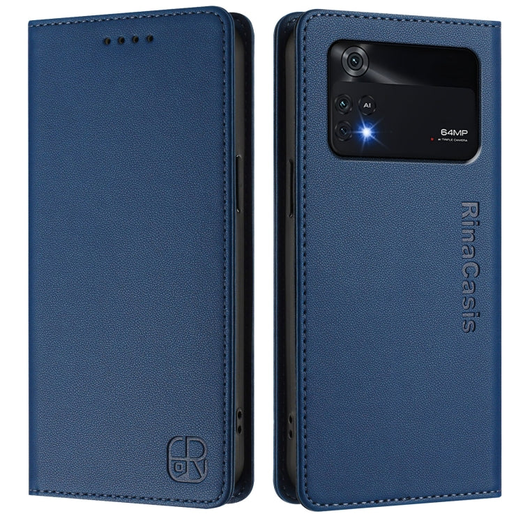 For Xiaomi Poco M4 Pro 4G RC01 Dual-Folded Magnetic Suction RFID Leather Phone Case