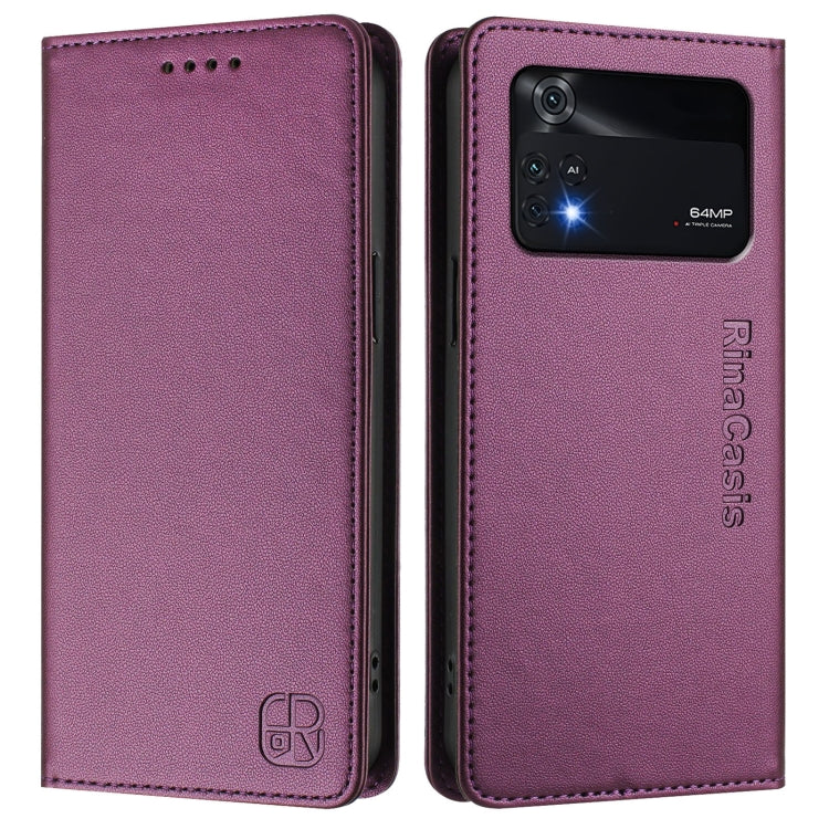 For Xiaomi Poco M4 Pro 4G RC01 Dual-Folded Magnetic Suction RFID Leather Phone Case