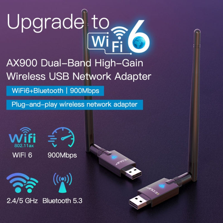EDUP EP-AX900 900Mbps WiFi 6 Bluetooth 5.3 Dual-Band USB Wireless WiFi Adapter - Black