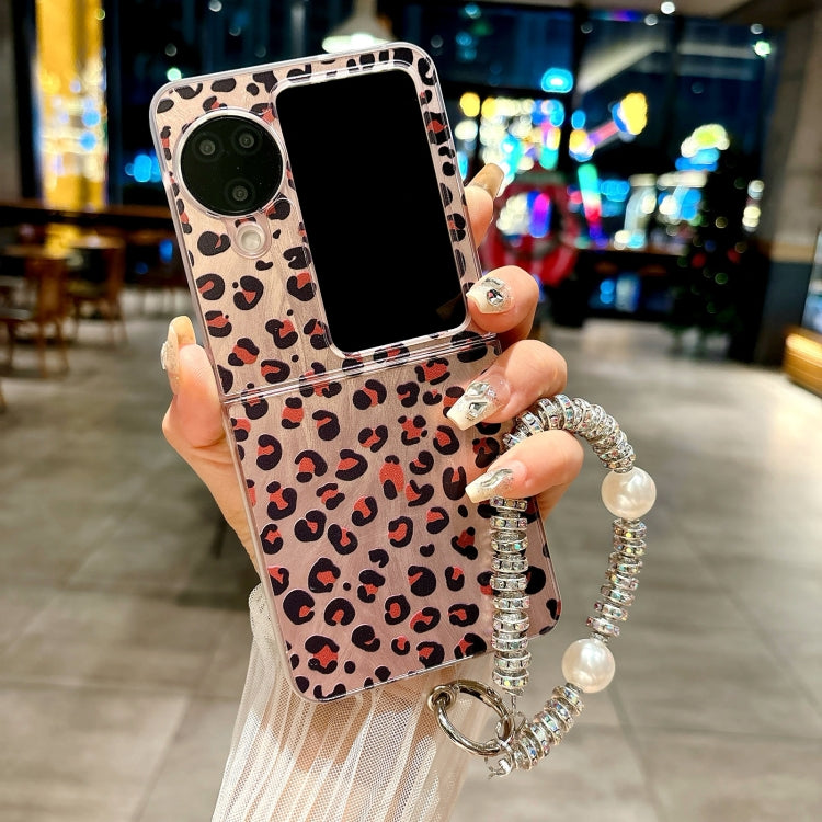 For OPPO Find N3 Flip Feather Leopard Pattern Integrated Phone Case with Bracelet