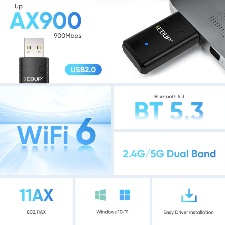EDUP EP-AX910 900Mbps WiFi 6 Bluetooth 5.3 USB WiFi Adapter Dual-Band Wireless Network Card - Black