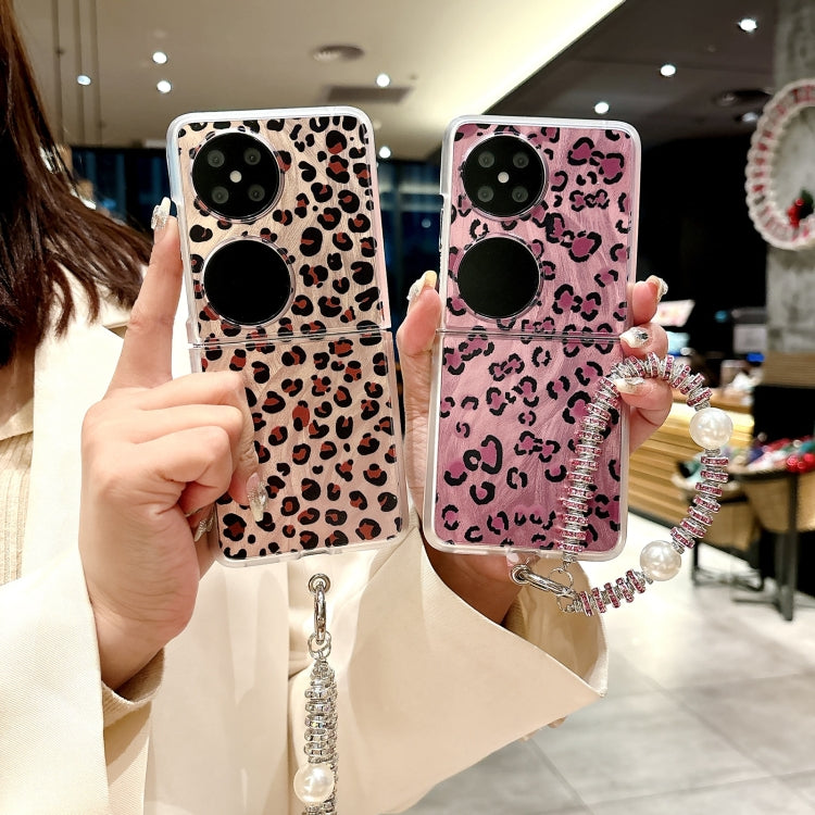 For Huawei P50 Pocket Feather Leopard Pattern Integrated Phone Case with Bracelet