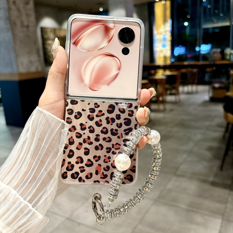For Honor Magic V Flip Feather Leopard Pattern Integrated Phone Case with Bracelet