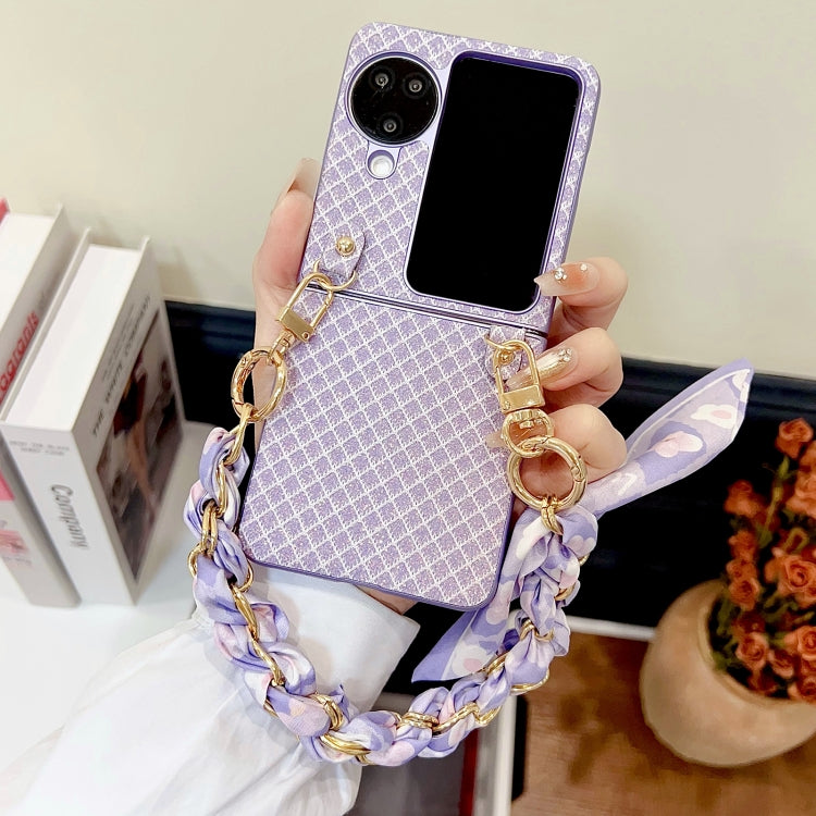 For OPPO Find N3 Flip Sparkling Diamond Rhombus PC Phone Case with Silk Scarf Bracelet