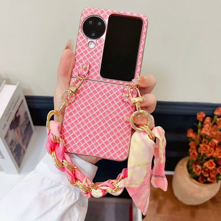 For OPPO Find N3 Flip Sparkling Diamond Rhombus PC Phone Case with Silk Scarf Bracelet