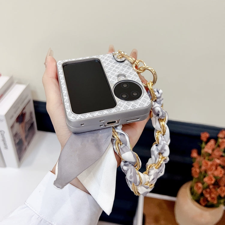 For OPPO Find N3 Flip Sparkling Diamond Rhombus PC Phone Case with Silk Scarf Bracelet