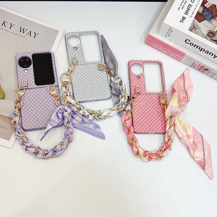 For OPPO Find N3 Flip Sparkling Diamond Rhombus PC Phone Case with Silk Scarf Bracelet