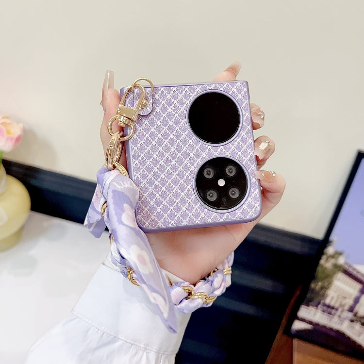 For Huawei P50 Pocket Sparkling Diamond Rhombus PC Phone Case with Silk Scarf Bracelet