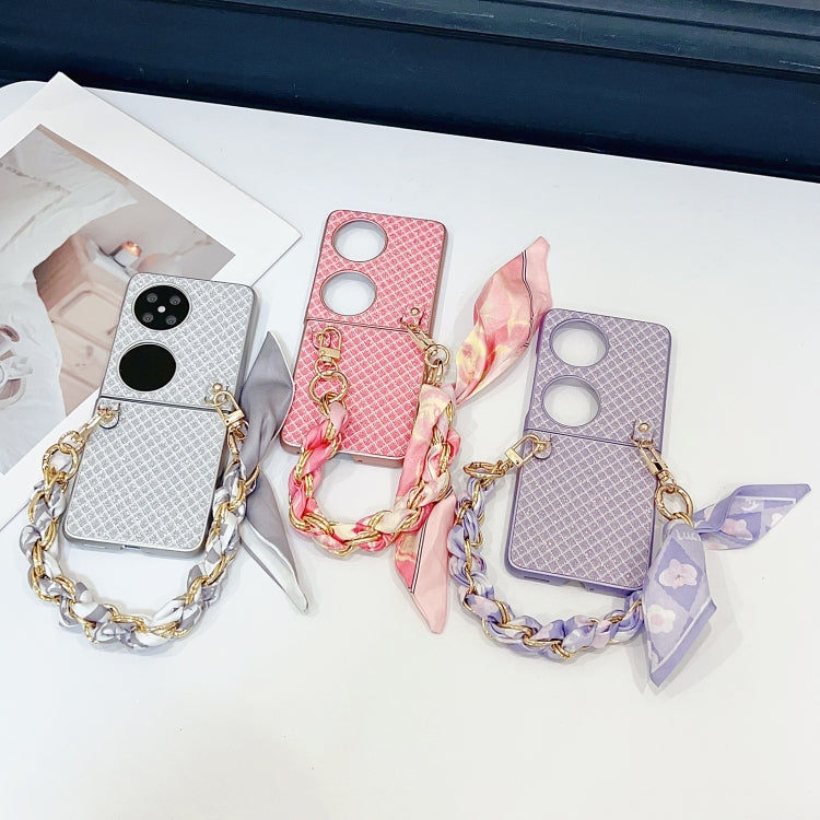 For Huawei P50 Pocket Sparkling Diamond Rhombus PC Phone Case with Silk Scarf Bracelet