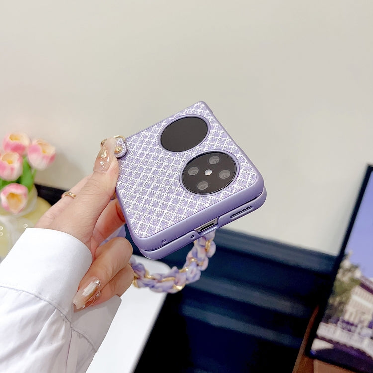 For Huawei P50 Pocket Sparkling Diamond Rhombus PC Phone Case with Silk Scarf Bracelet