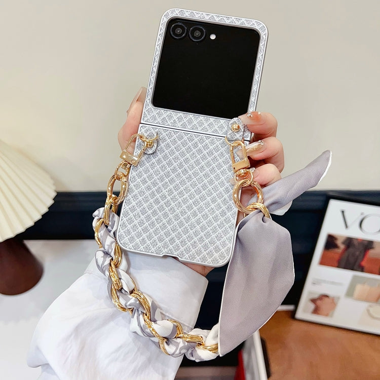 For Motorola Razr 50 Ultra Sparkling Diamond Rhombus PC Phone Case with Silk Scarf Bracelet